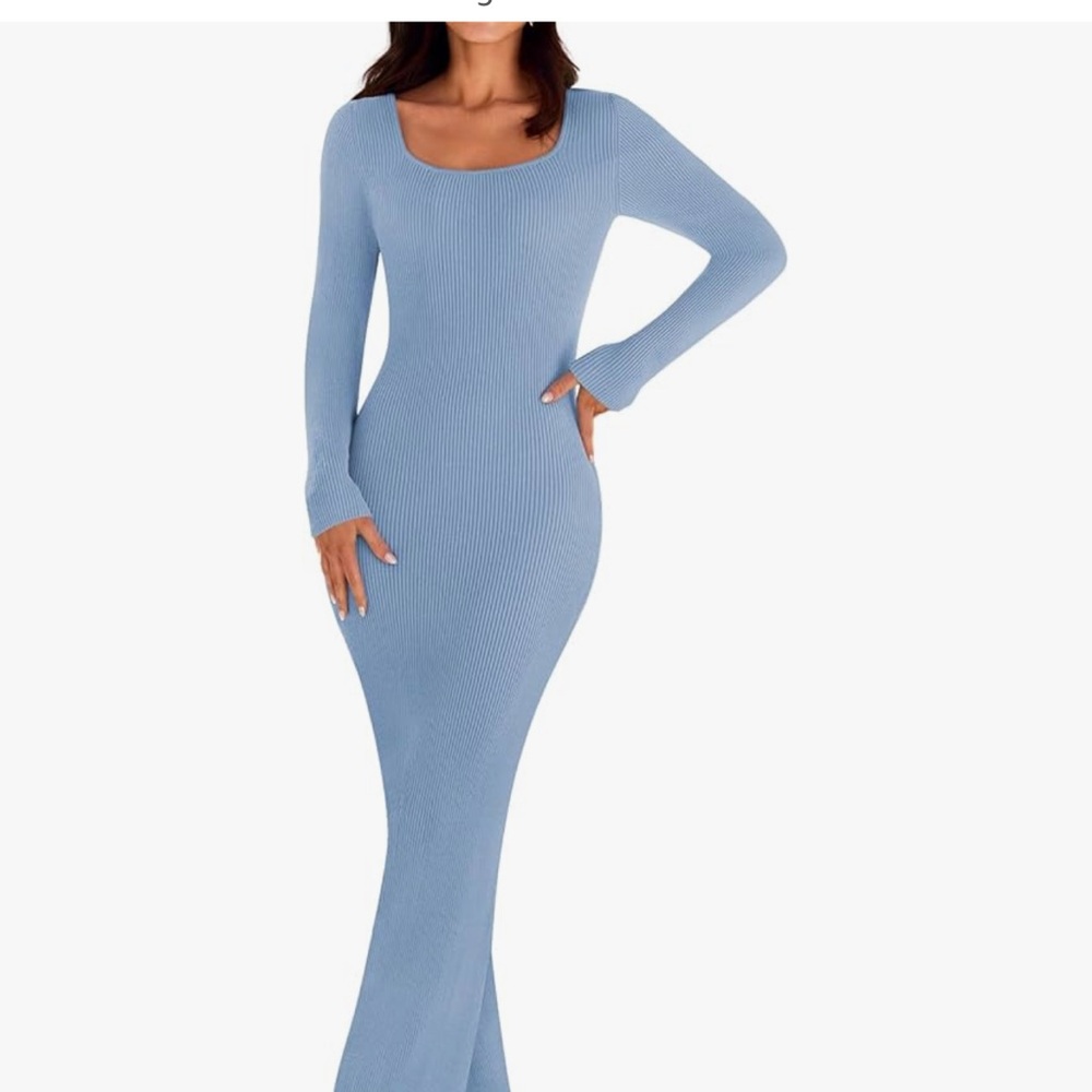Blue Long Sleeve Bodycon Dress with Scoop Neck for Weddings